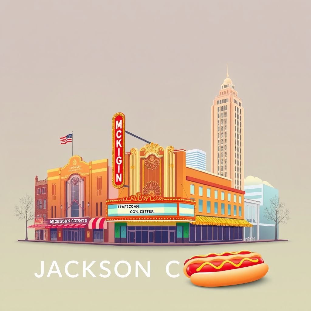 Ultra-high-definition gradient illustration of Jackson County, Michigan, featuring the Michigan Theatre, the Jackson County Tower Building, and Coney Island hot dogs.