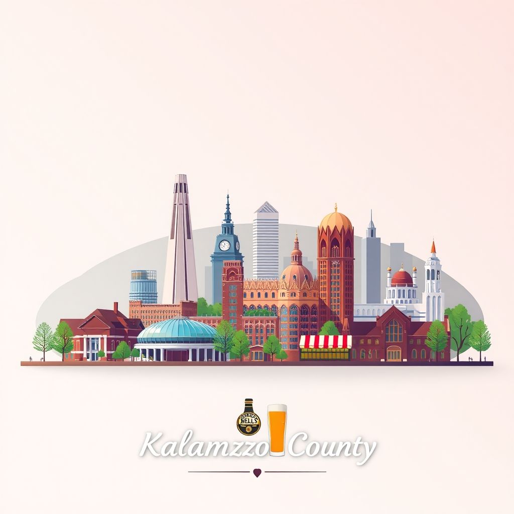 Ultra-high-definition gradient illustration of Kalamazoo County, Michigan, featuring the Kalamazoo Valley Museum, Western Michigan University, and Bell's Brewery craft beers.