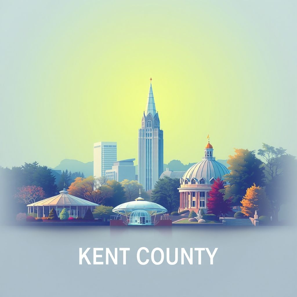 Ultra-high-definition gradient illustration of Kent County, Michigan, featuring Frederik Meijer Gardens, Gerald R. Ford Presidential Museum, and Mackinac Island fudge.