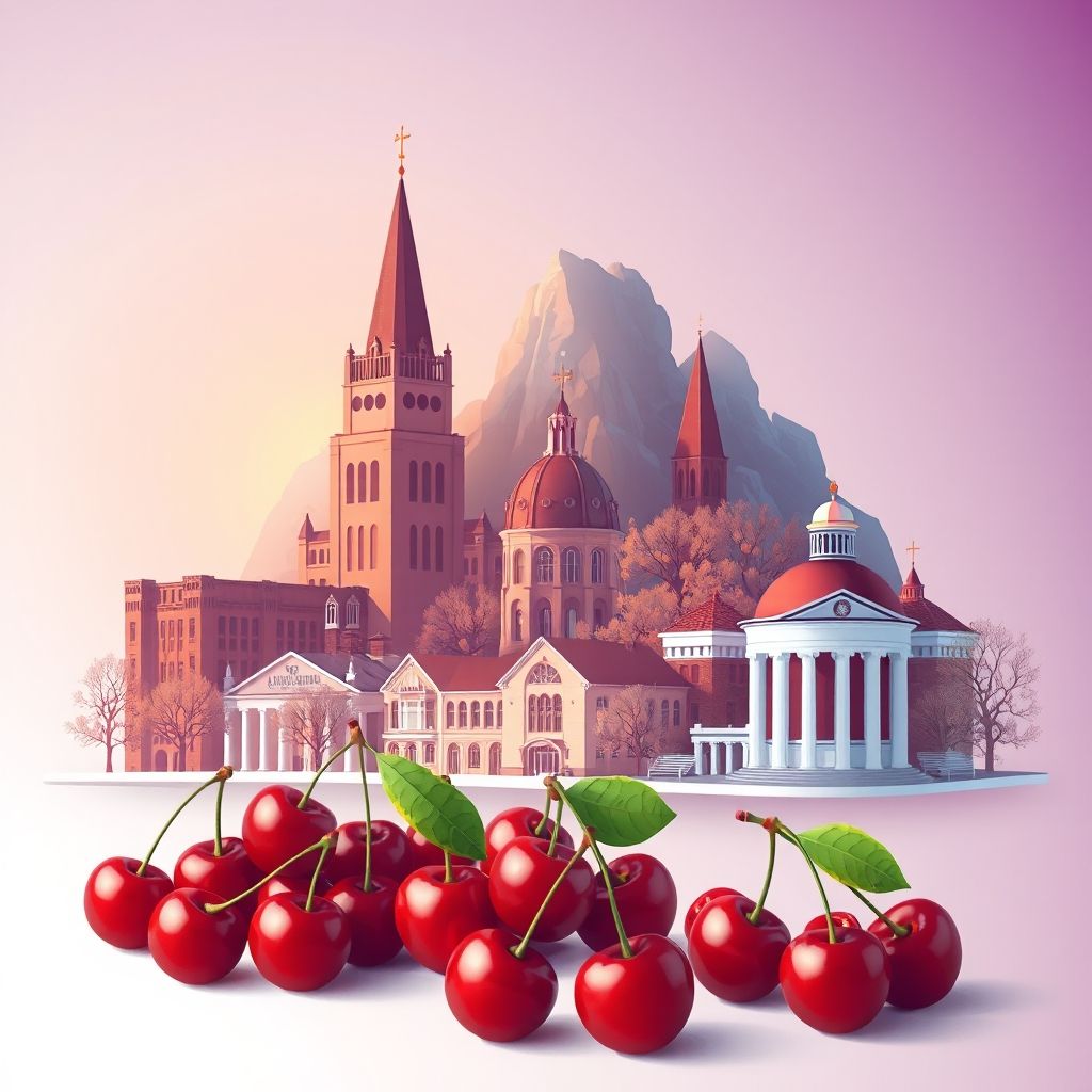 Ultra-high-definition gradient illustration of Lenawee County, Michigan, featuring Adrian College, the Lenawee County Historical Museum, and Michigan cherries.