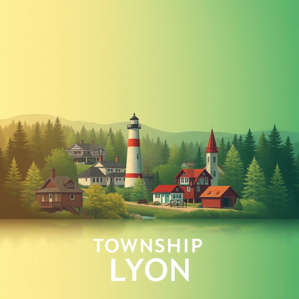 Ultra-high-definition gradient illustration of Township of Lyon, featuring Higgins Lake, South Branch Au Sable River, historic lighthouses, and local specialties like pasties and Mackinac Island fudge.