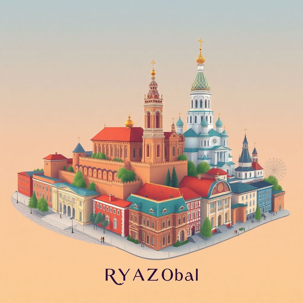 Ultra-high-definition gradient illustration style Ryazan Oblast illustration, showing the unique charm of the Ryazan Kremlin, the Assumption Cathedral, and historic streets.