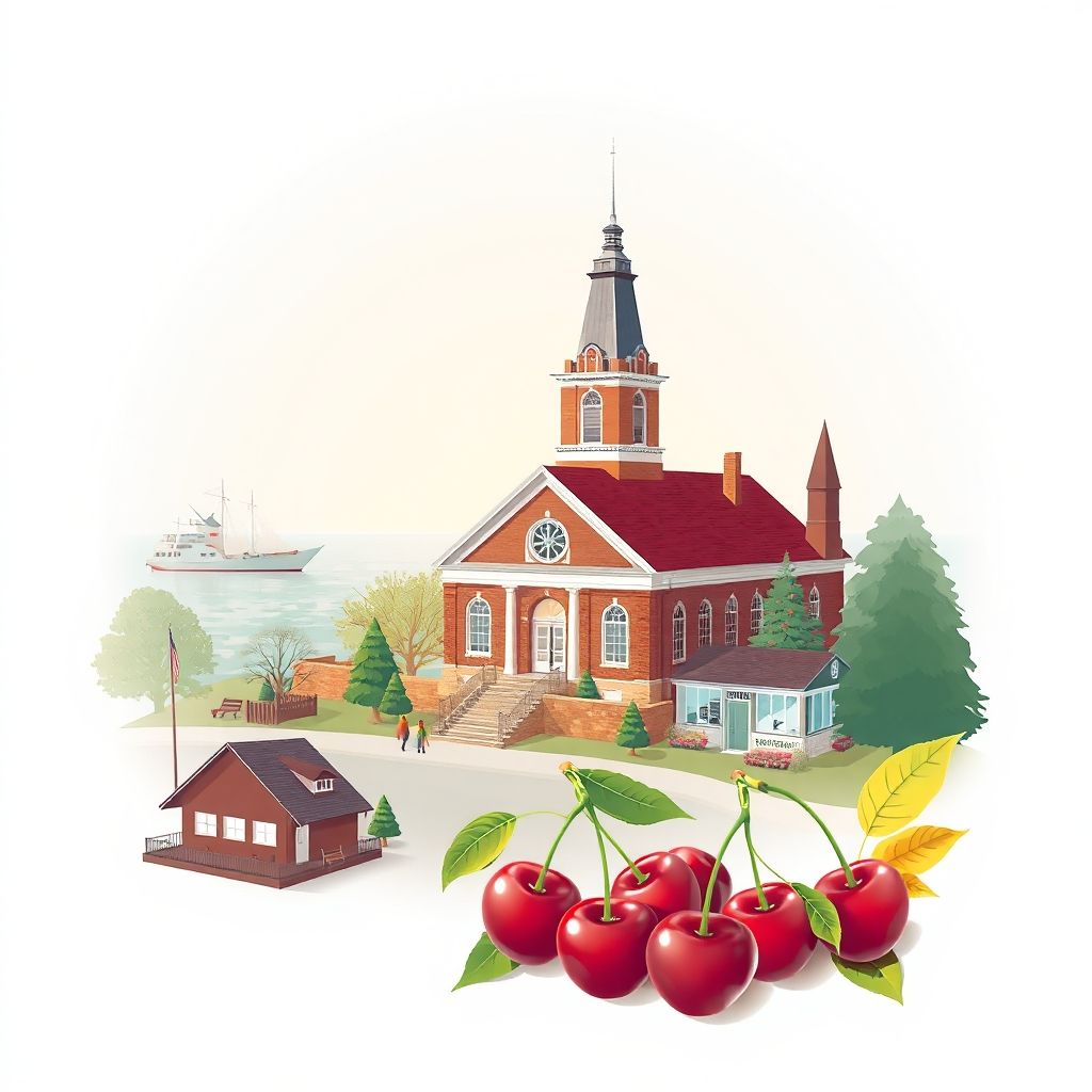 Ultra-high-definition gradient illustration of Township of McKinley, Huron County, Michigan, featuring the Huron County Courthouse, Lake Huron, the Bad Axe Heritage Museum, and Michigan cherries.