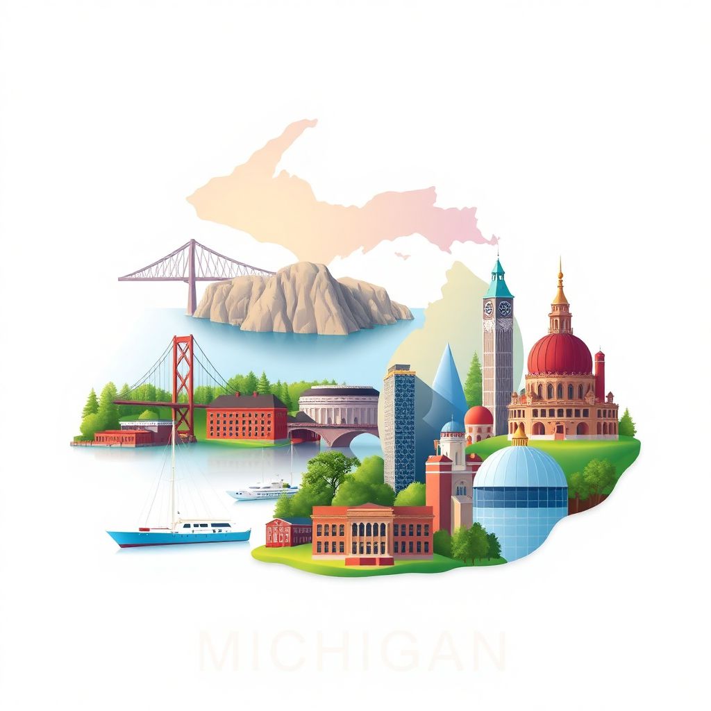 Ultra-high-definition gradient illustration style Michigan illustration, showcasing the Mackinac Bridge, Pictured Rocks National Lakeshore, and Detroit Institute of Arts.