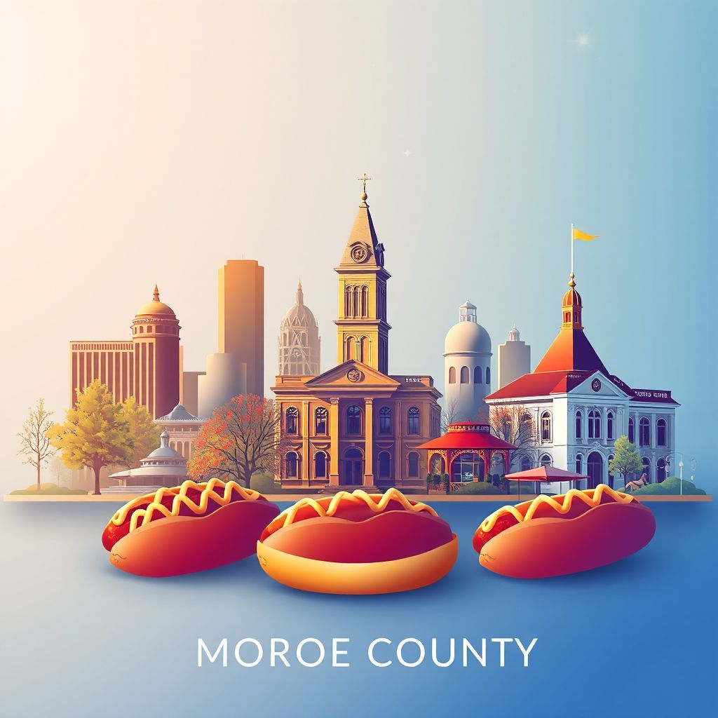 Ultra-high-definition gradient illustration of Monroe County, Michigan, featuring the River Raisin Battlefield, Monroe County Courthouse, and Coney dogs.