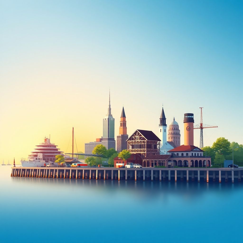 Ultra-high-definition gradient illustration of Township of Moorland, featuring Pere Marquette Beach, the USS Silversides Submarine Museum, and Mackinac Island fudge.