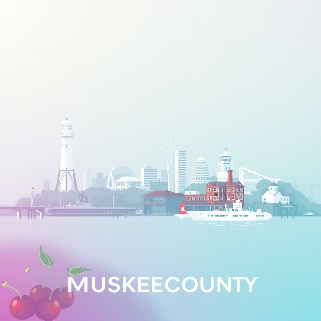 Ultra-high-definition gradient illustration of Muskegon County, Michigan, featuring the Muskegon South Pierhead Light, USS Silversides Submarine Museum, Pere Marquette Park, Hackley and Hume Historic Site, and local cherry products.