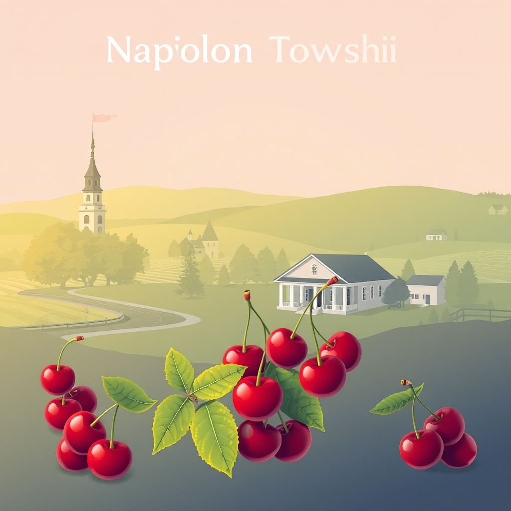 Ultra-high-definition gradient illustration of Napoleon Township, featuring the Napoleon Township Hall, scenic countryside, and Michigan cherries.