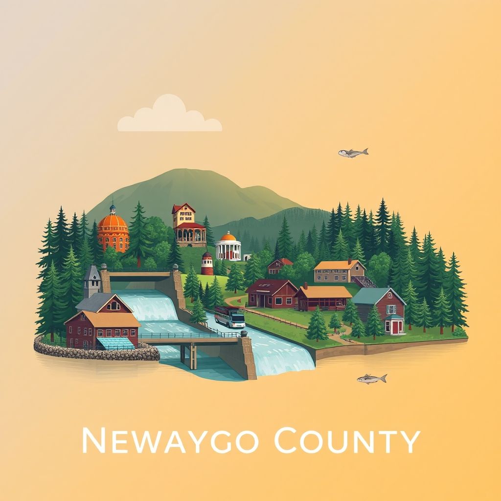 Ultra-high-definition gradient illustration of Newaygo County, Michigan, featuring the Hardy Dam, Muskegon River, lumber industry, Manistee National Forest, and outdoor recreation.