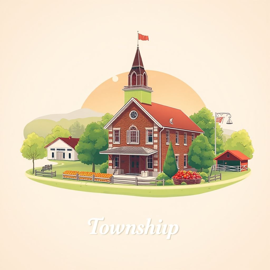 Ultra-high-definition gradient illustration of Township of Ogden, featuring the historic Ogden Township Hall, River Raisin, and rural landscapes.
