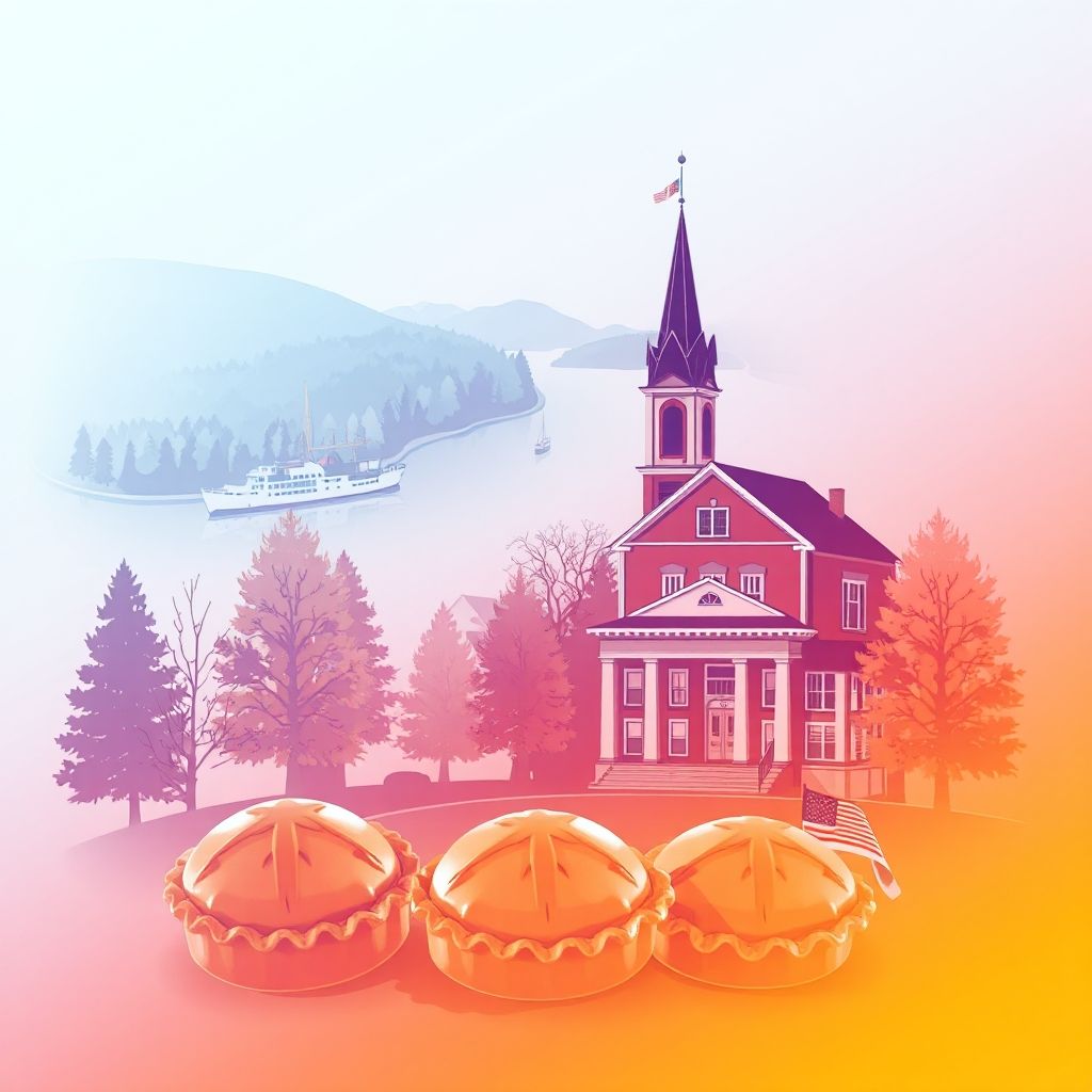 Ultra-high-definition gradient illustration of Roscommon County, Michigan, featuring Higgins Lake, the Roscommon Courthouse, and pasties.