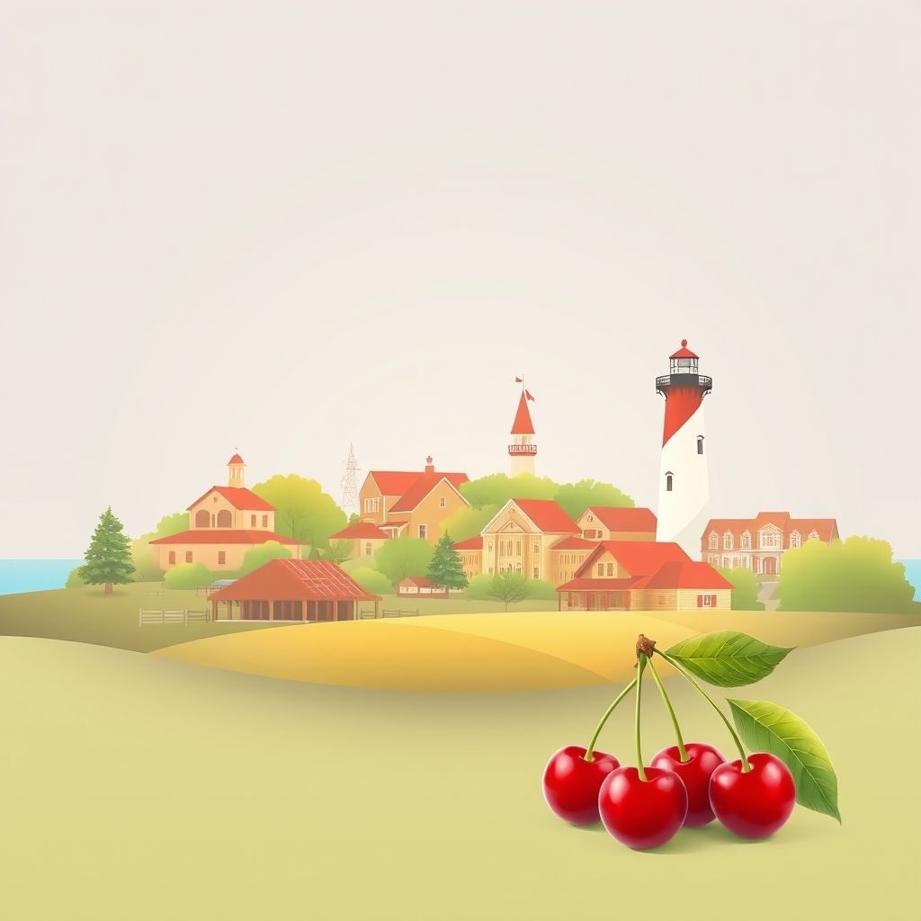 Ultra-high-definition gradient illustration of Township of Royalton, featuring Warren Dunes State Park, St. Joseph lighthouse, serene countryside, and Michigan cherries.
