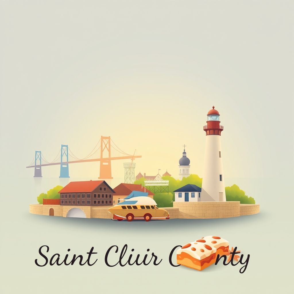 Ultra-high-definition gradient illustration of Saint Clair County, Michigan, featuring the Blue Water Bridge, Fort Gratiot Lighthouse, and Mackinac Island fudge.