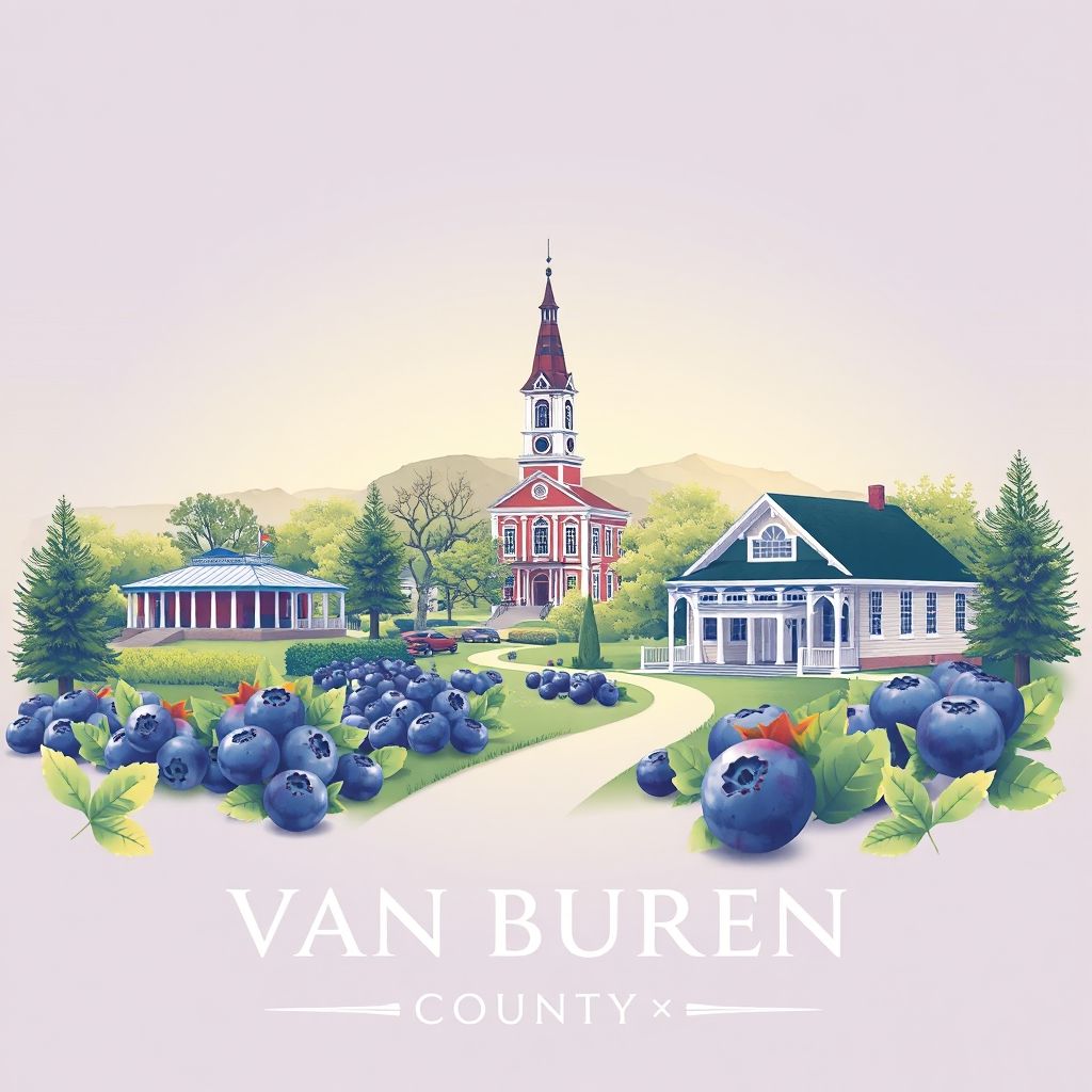 Ultra-high-definition gradient illustration of Van Buren County, Michigan, featuring Van Buren State Park, the historic courthouse in Paw Paw, and blueberries.