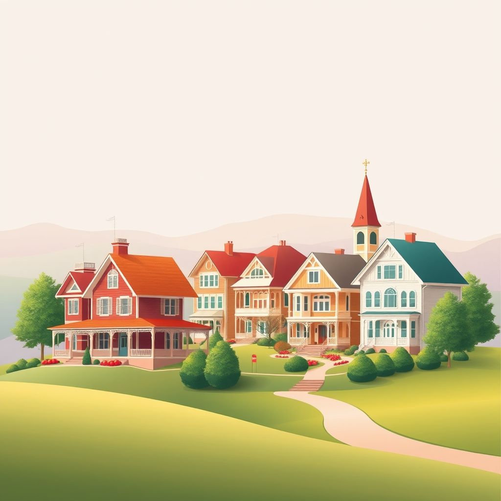 Ultra-high-definition gradient illustration of Township of Victor, Clinton County, Michigan, featuring Victorian-style homes, countryside, and cherry pie.