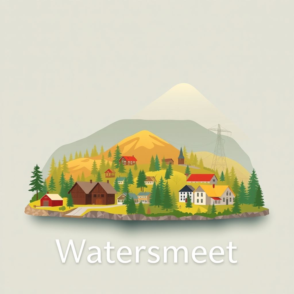 Ultra-high-definition gradient illustration of Watersmeet, Michigan, featuring Ottawa National Forest, Lake Superior, mining heritage, and the local pasty.