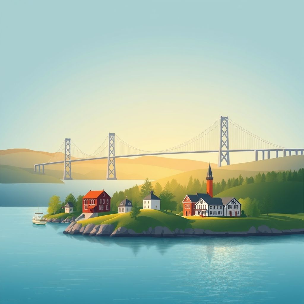 Ultra-high-definition gradient illustration of Township of West Traverse, Emmet County, Michigan, featuring the Mackinac Bridge, historic buildings, Great Lakes landscape, and local specialties like pasties and cherry pie.