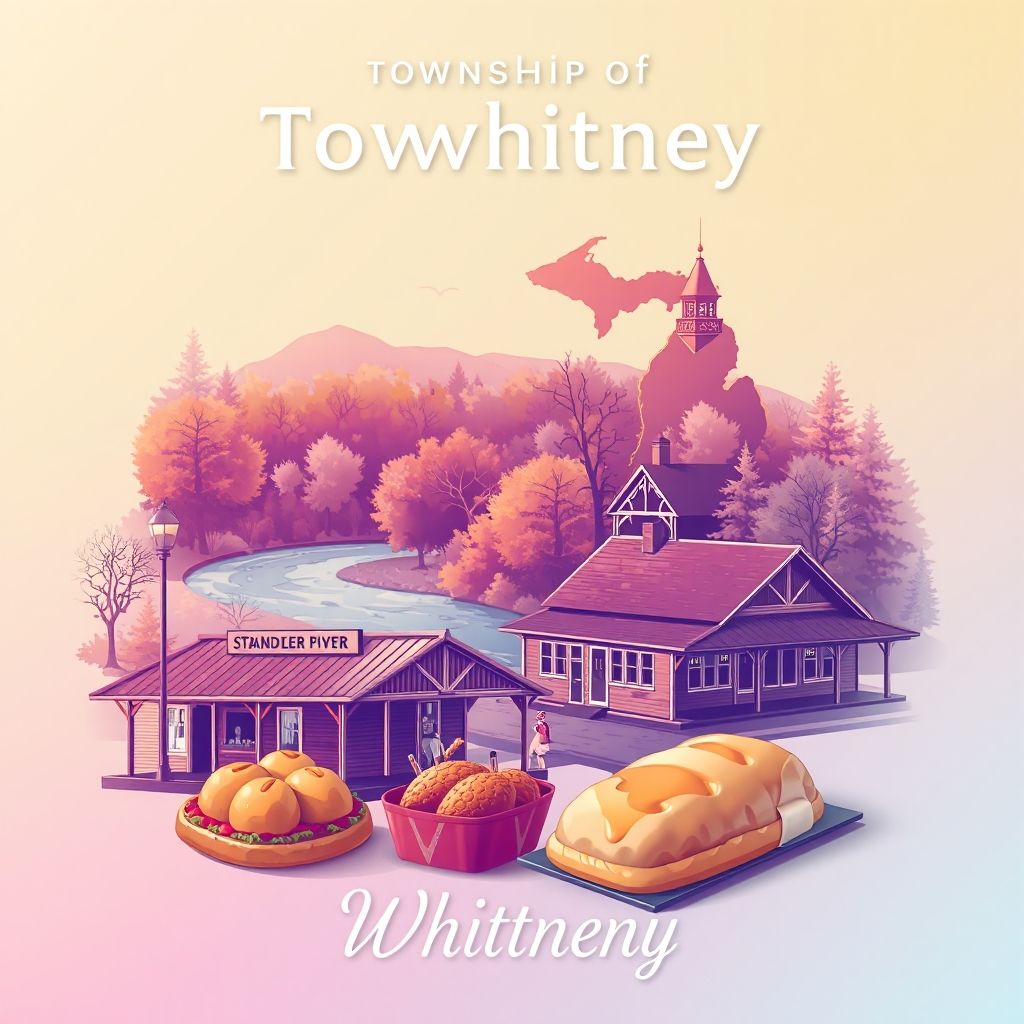 Ultra-high-definition gradient illustration of Township of Whitney, featuring the Au Gres River, Standish Depot, and pasties.