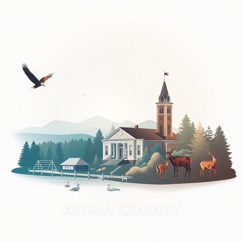 Ultra-high-definition gradient illustration of Aitkin County, Minnesota, featuring the Aitkin County Courthouse, Savanna Portage State Park, logging history, Mille Lacs Lake, and local wildlife.