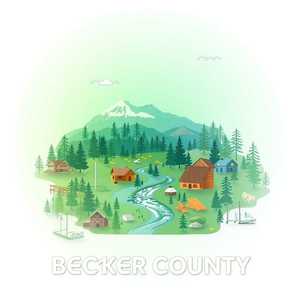 Ultra-high-definition gradient illustration of Becker County, Minnesota, featuring Itasca State Park, the Headwaters of the Mississippi River, logging history, Native American heritage, and wild rice dishes.