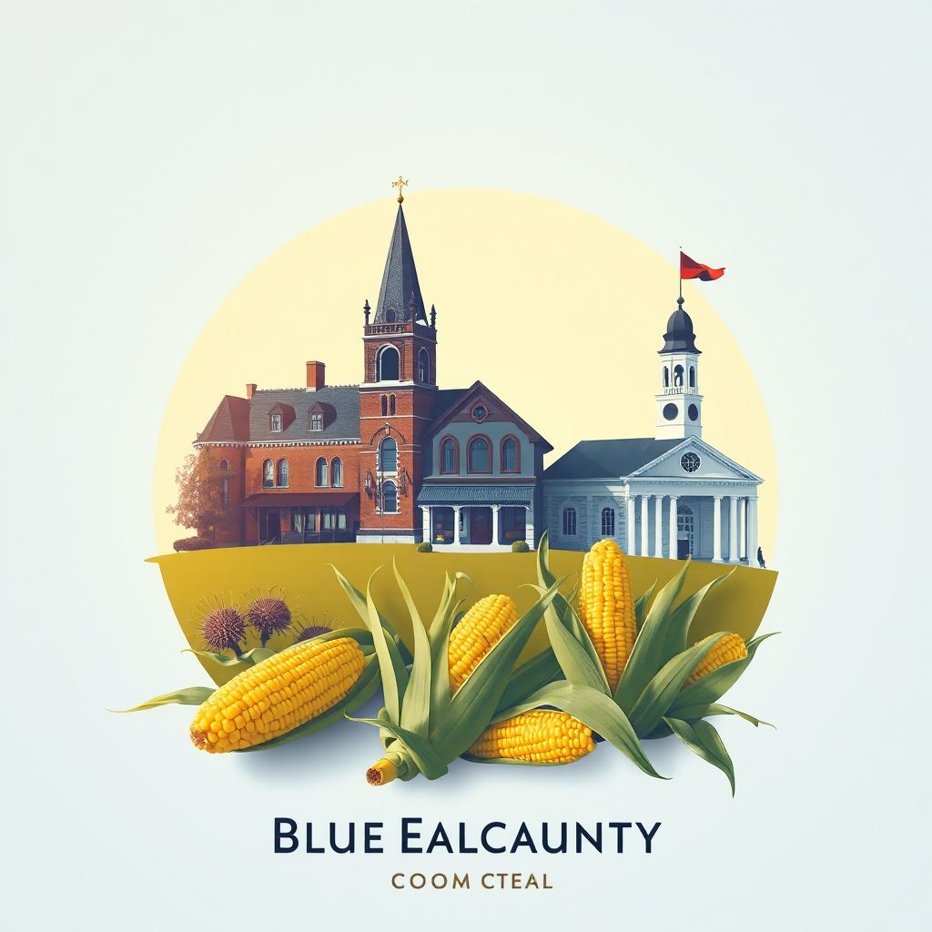 Ultra-high-definition gradient illustration of Blue Earth County, Minnesota, featuring the Hormel Historic Home, the Blue Earth County Courthouse, and sweet corn.