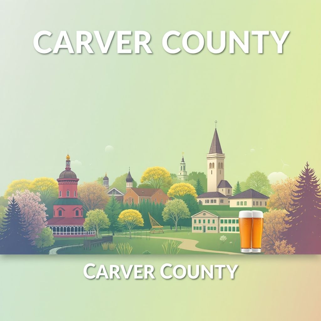 Ultra-high-definition gradient illustration of Carver County, Minnesota, featuring the Minnesota Landscape Arboretum, historic sites, wild rice dishes, and craft beers.