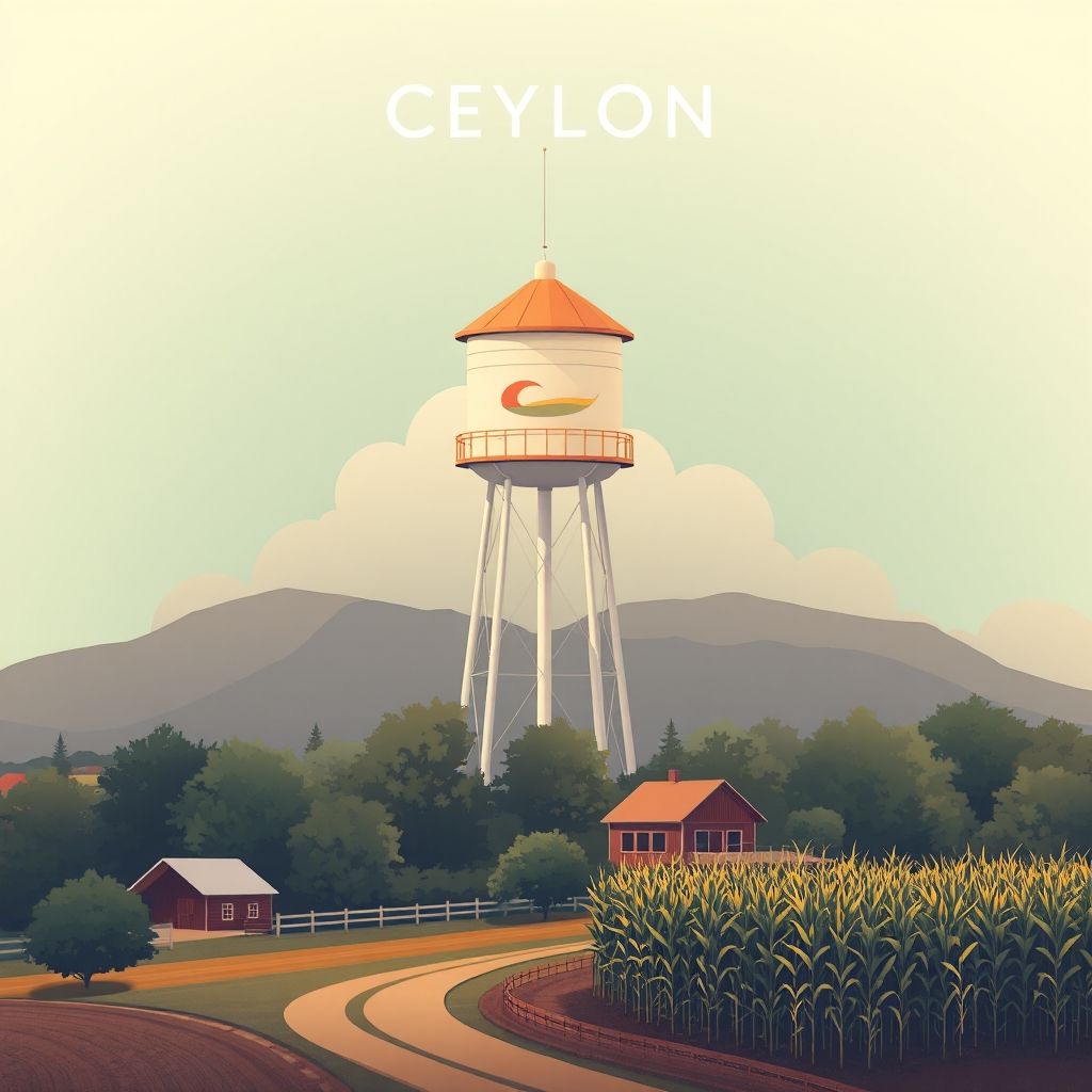 Ultra-high-definition gradient illustration of Ceylon, Minnesota, featuring the Ceylon Water Tower, rural landscapes, and corn fields.
