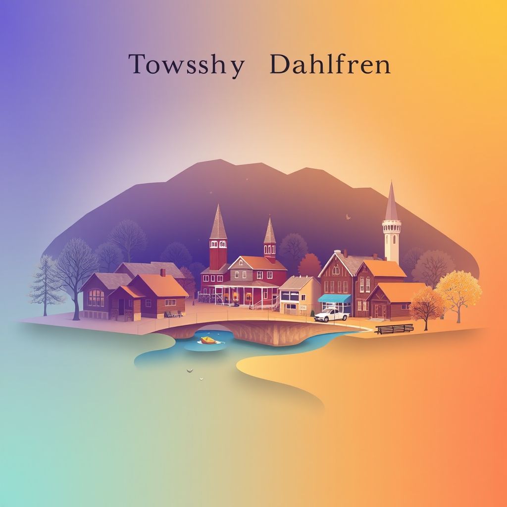 Ultra-high-definition gradient illustration of Township of Dahlgren, featuring the Carver County Historical Society, the Minnesota River, and local specialties like wild rice dishes.