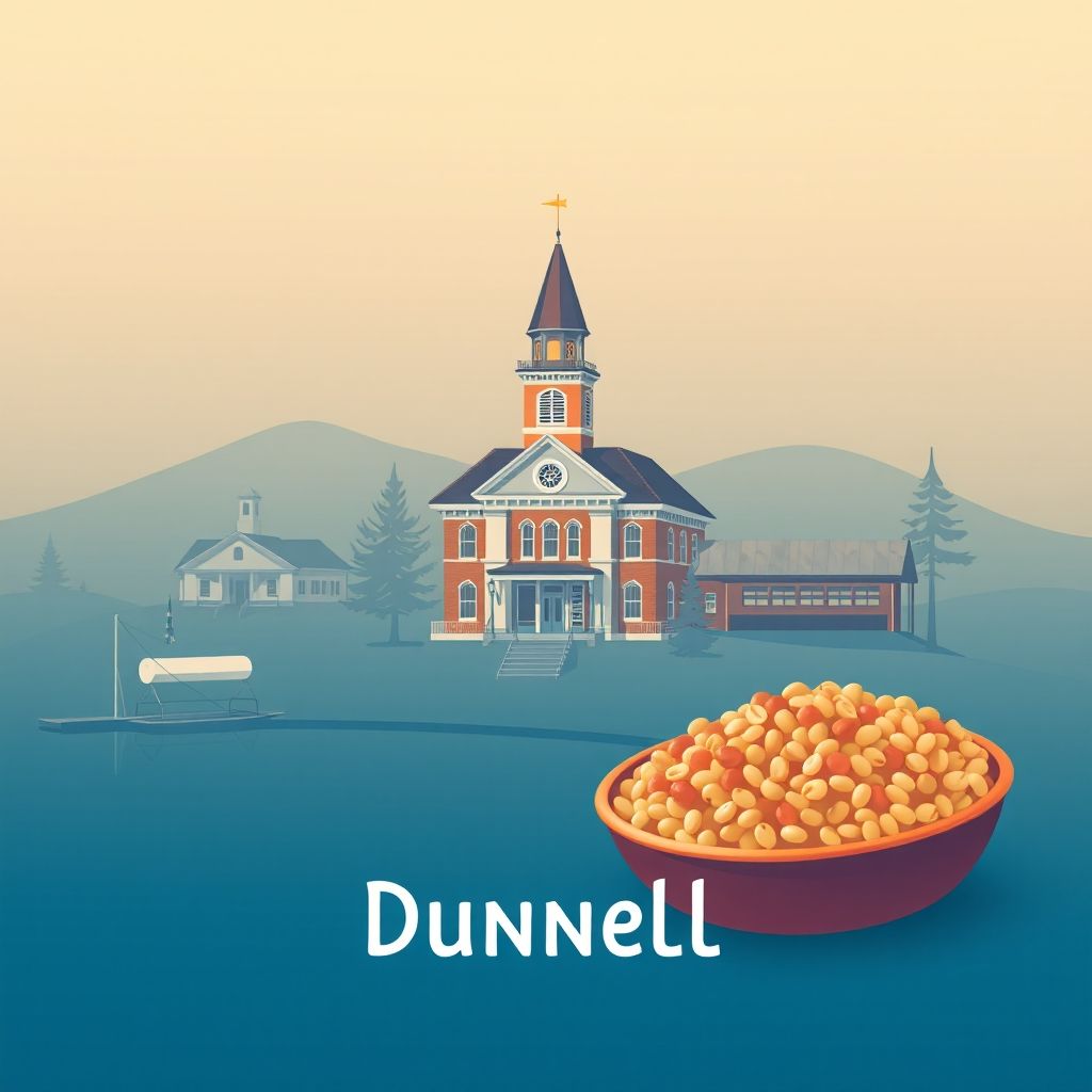 Ultra-high-definition gradient illustration of Dunnell, Minnesota, featuring the historic Dunnell City Hall, Fox Lake, and wild rice hotdish.