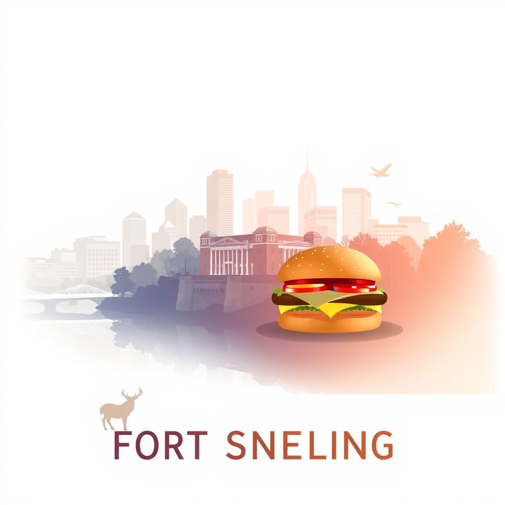 Gradient illustration of Fort Snelling, featuring Historic Fort Snelling, Minneapolis skyline, Minnesota River, local wildlife, and Juicy Lucy burger.