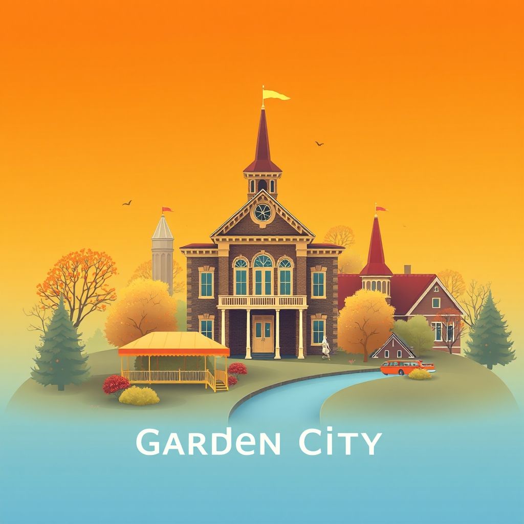Ultra-high-definition gradient illustration of Garden City Township, featuring Garden City Town Hall, Judicial Ditch 22, and lefse, showcasing local culture and geography.