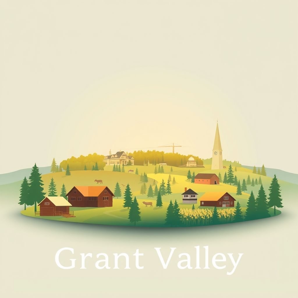 Ultra-high-definition gradient illustration of Township of Grant Valley, featuring the Headwaters of the Mississippi River and local wild rice dishes.