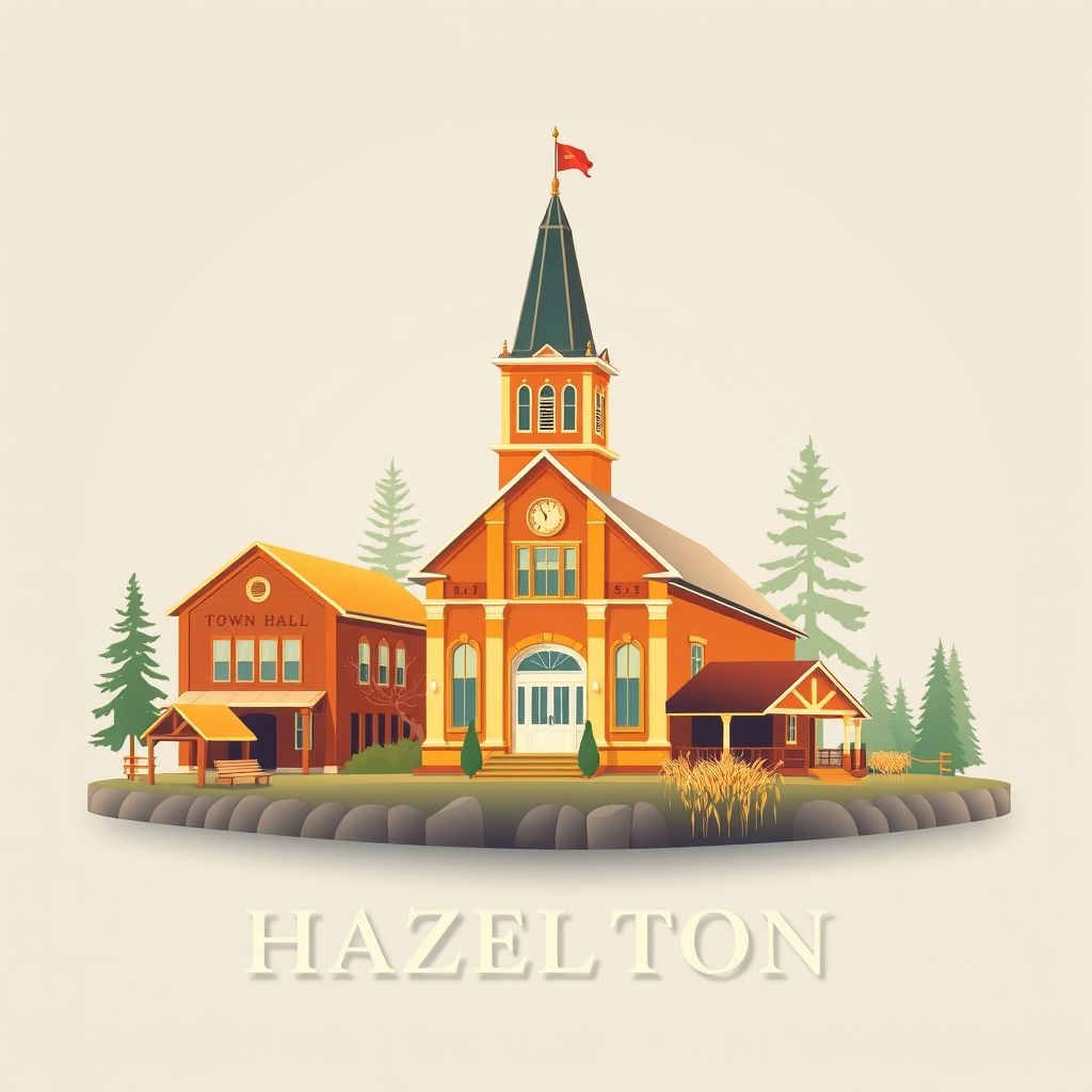Ultra-high-definition gradient illustration of Township of Hazelton, featuring Hazelton Town Hall, the Mississippi River, logging history, and wild rice dishes.