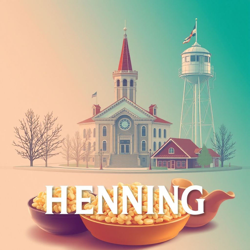 Ultra-high-definition gradient illustration of Henning, Minnesota, featuring Henning City Hall, historic water tower, and wild rice hotdish.