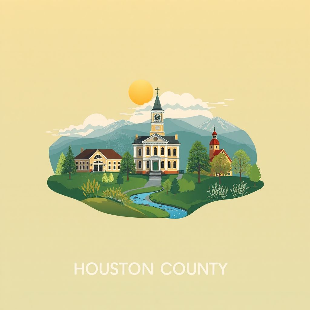 Ultra-high-definition gradient illustration of Houston County, Minnesota, featuring the Houston County Courthouse, Root River, and local wild rice dishes.