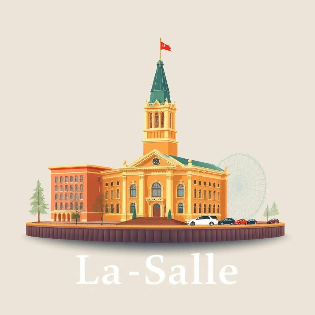 Ultra-high-definition gradient illustration of La Salle, Minnesota, featuring the historic La Salle City Hall, the scenic Minnesota River, and walleye fish.