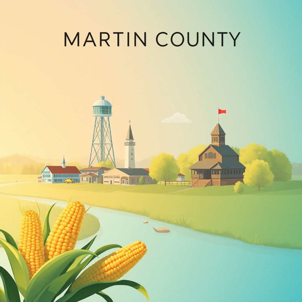 Ultra-high-definition gradient illustration of Martin County, Minnesota, featuring the Fairmont Water Tower, Martin County Historical Society, farmlands, Watonwan River, and sweet corn.