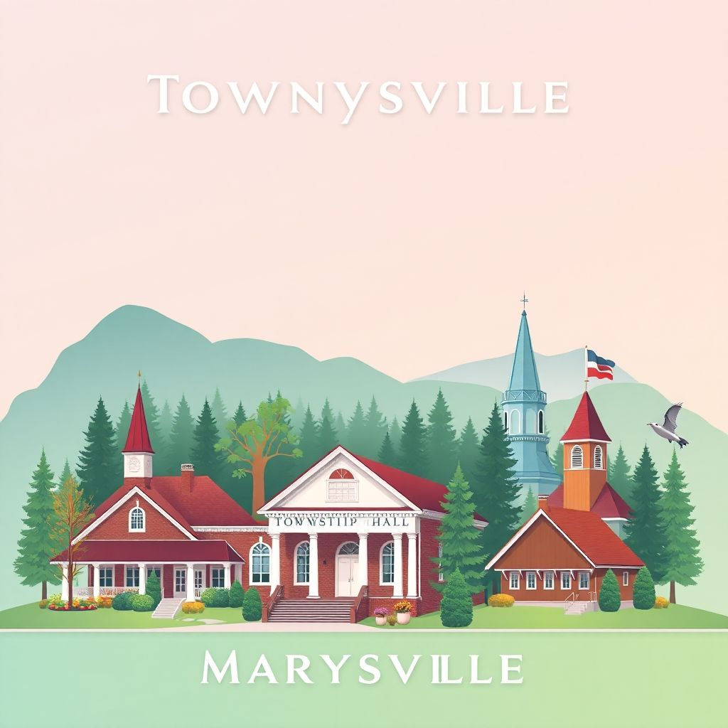 Ultra-high-definition gradient illustration of Township of Marysville, showcasing Marysville Township Hall, scenic lakes, forests, historic Marysville School, and wild rice dishes.