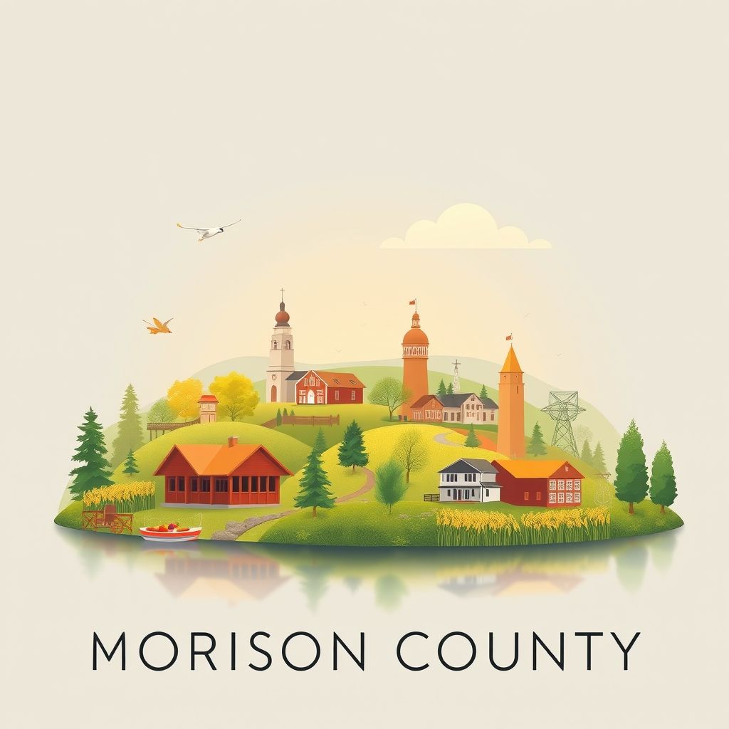 Ultra-high-definition gradient illustration of Morrison County, Minnesota, featuring the Charles A. Lindbergh Historic Site, the Mississippi River, and wild rice dishes.