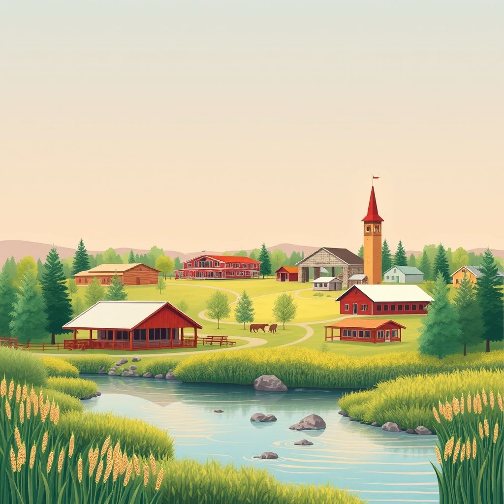 Ultra-high-definition gradient illustration of Township of Nessel, featuring Chisago County Fairgrounds, Sunrise River, and local wild rice dishes.