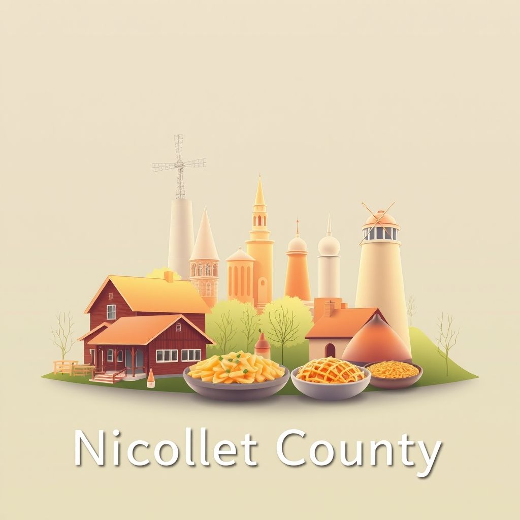 Ultra-high-definition gradient illustration of Nicollet County, Minnesota, featuring the St. Peter Woolen Mill, Treaty Site History Center, lefse, and wild rice hotdish.