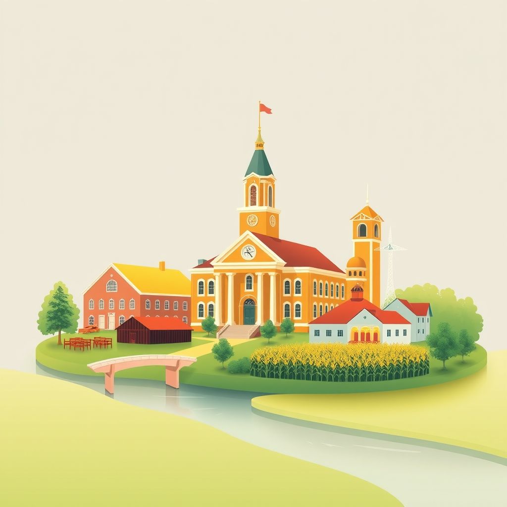 Ultra-high-definition gradient illustration of Township of Nicollet, featuring the Nicollet County Courthouse, Minnesota River, agricultural fields, and a Midwestern hotdish.