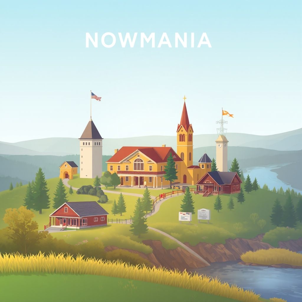 Ultra-high-definition gradient illustration of Township of Normania, featuring the Yellow Medicine County Museum, Minnesota River, Dakota War memorials, and wild rice dishes.