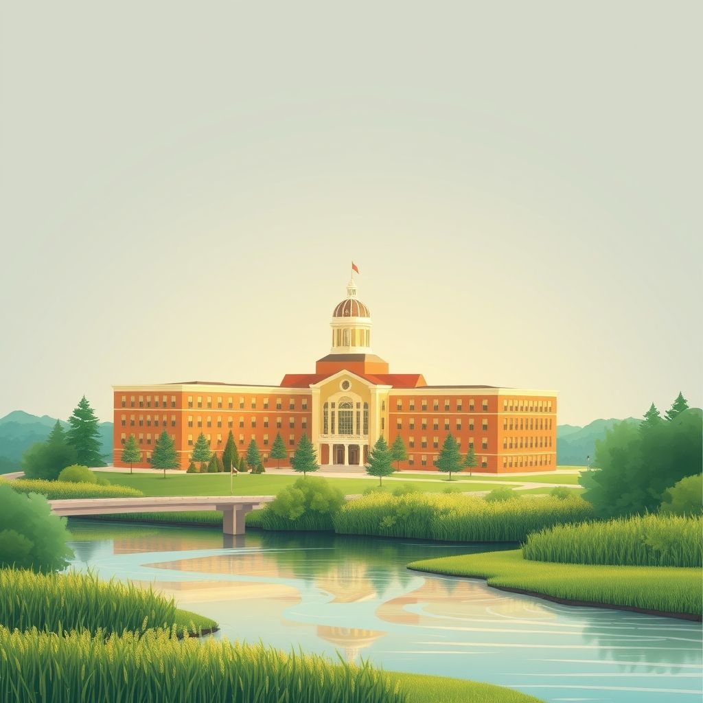Ultra-high-definition gradient illustration of Township of Orrock, featuring the Sherburne County Government Center, the Mississippi River, and wild rice dishes.