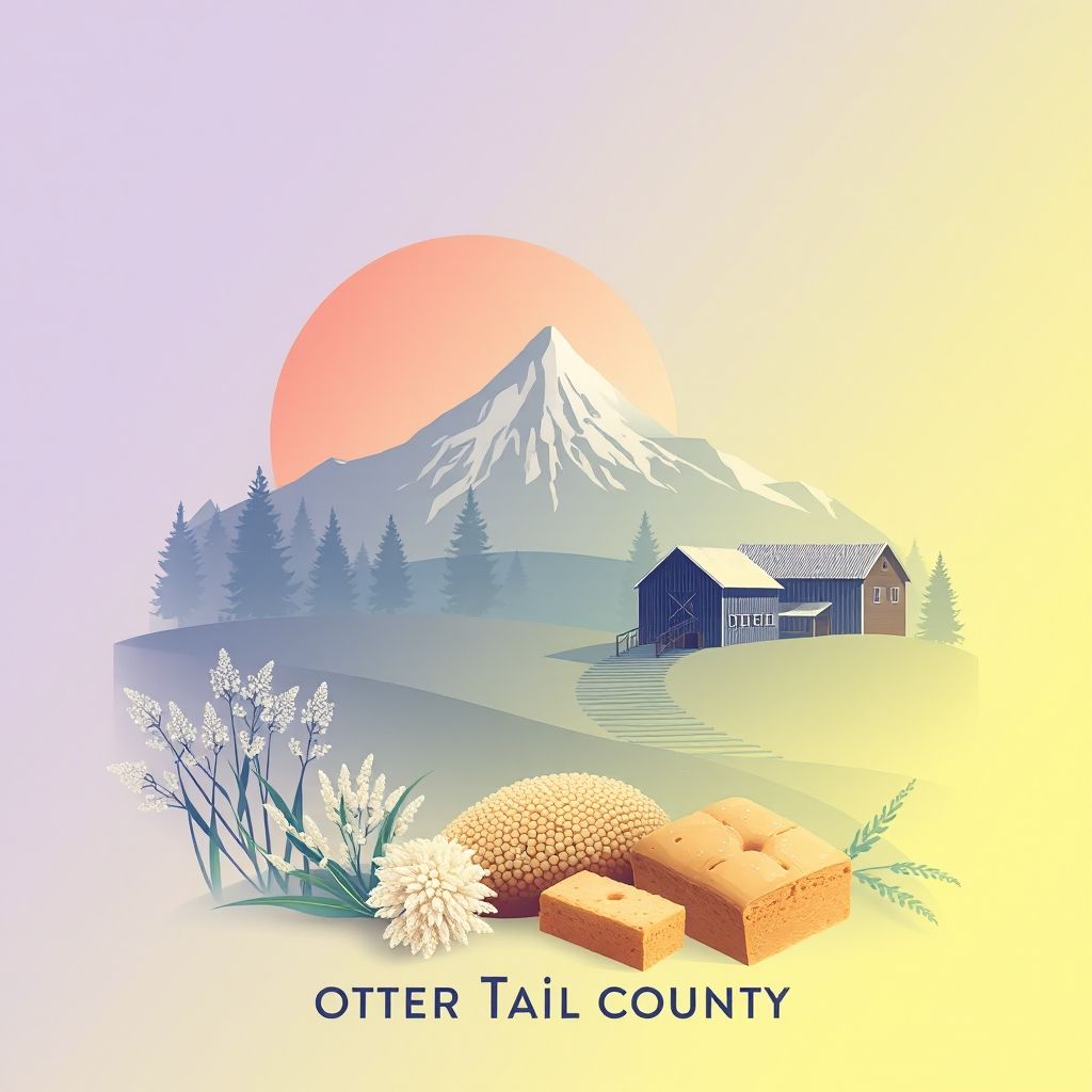 Ultra-high-definition gradient illustration of Otter Tail County, featuring Inspiration Peak, Phelps Mill, wild rice, and lefse.