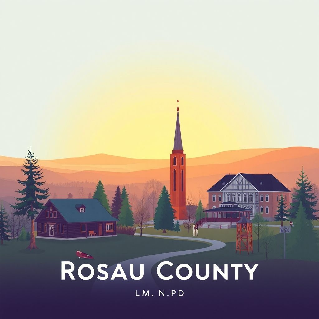 Ultra-high-definition gradient illustration of Roseau County, Minnesota, featuring the Roseau County Museum, Roseau City Park, and wild rice hotdish.