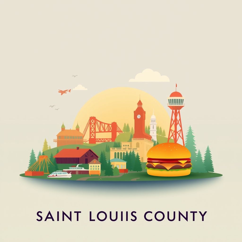 Ultra-high-definition gradient illustration of Saint Louis County, Minnesota, featuring the Aerial Lift Bridge, Enger Tower, Lake Superior, Superior National Forest, and Juicy Lucy burger.