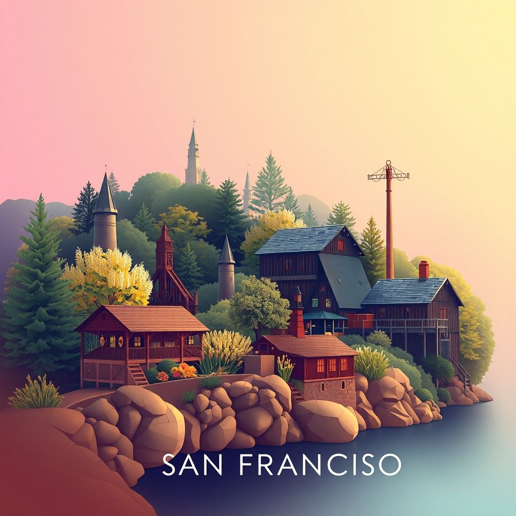 Ultra-high-definition gradient illustration of Township of San Francisco, featuring the Minnesota Landscape Arboretum, Chaska Mill, wild rice, and walleye.