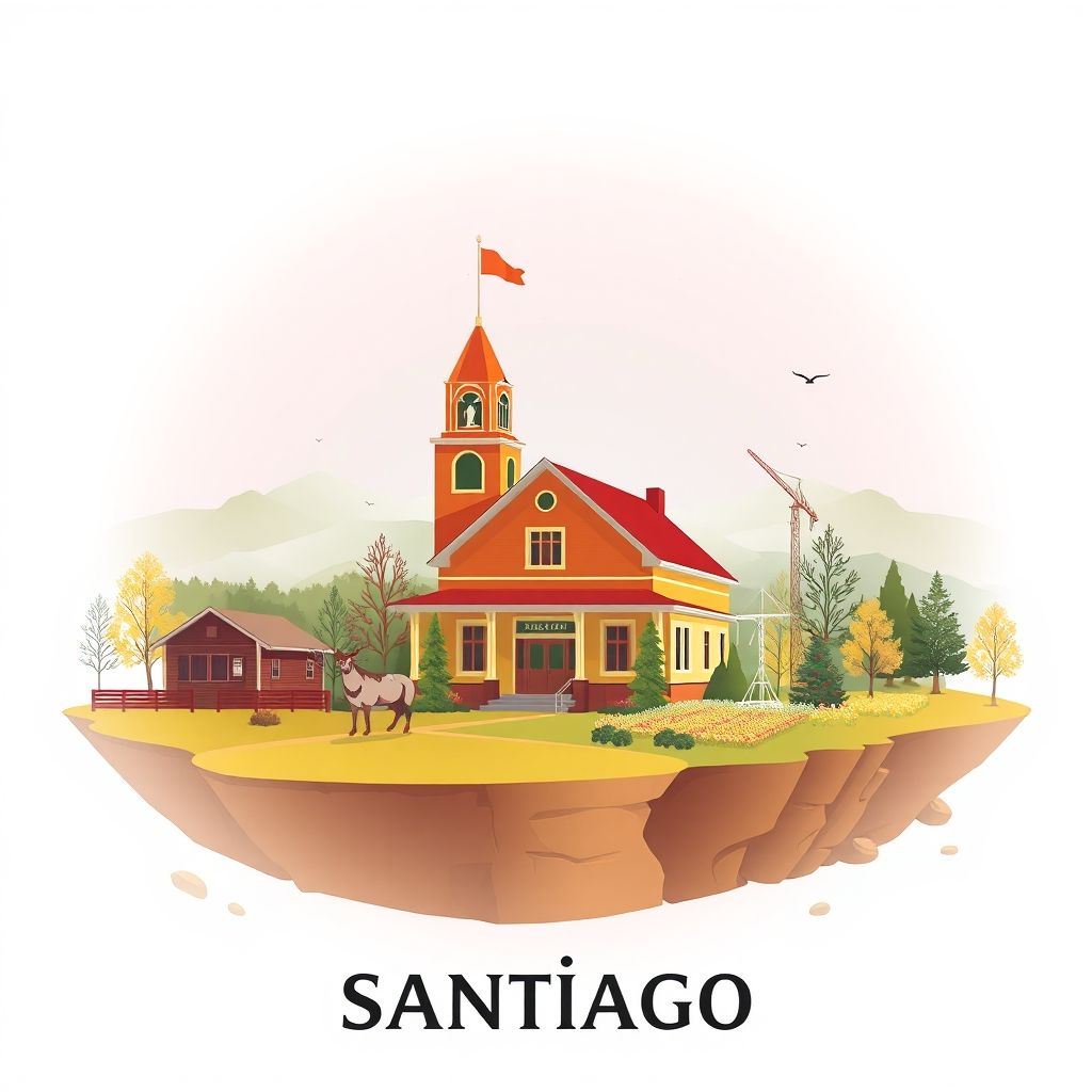 Ultra-high-definition gradient illustration of Township of Santiago, featuring Santiago Township Hall, the Mississippi River, and wild rice dishes.