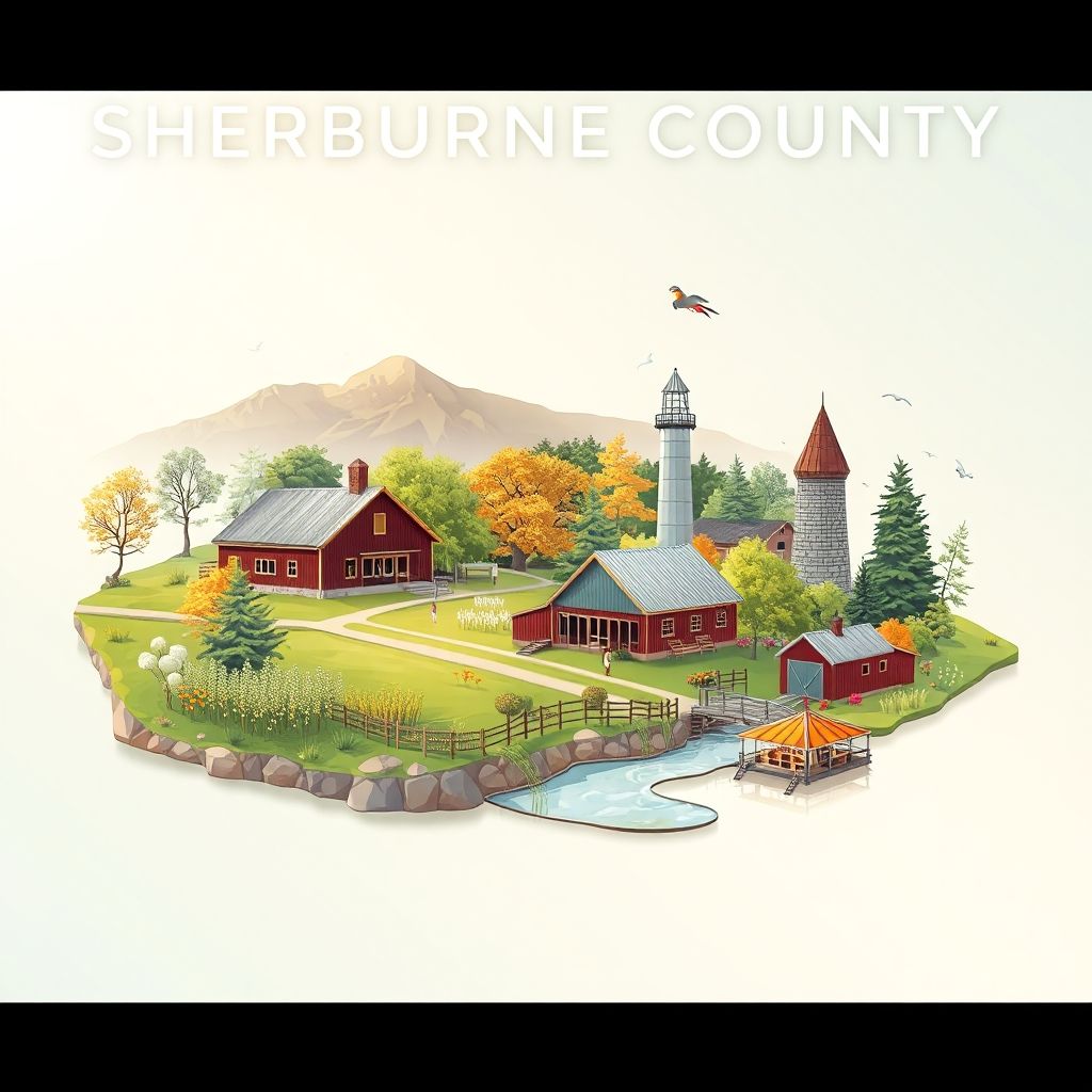 Ultra-high-definition gradient illustration of Sherburne County, Minnesota, featuring the Oliver H. Kelley Farm, Sherburne National Wildlife Refuge, and wild rice dishes.